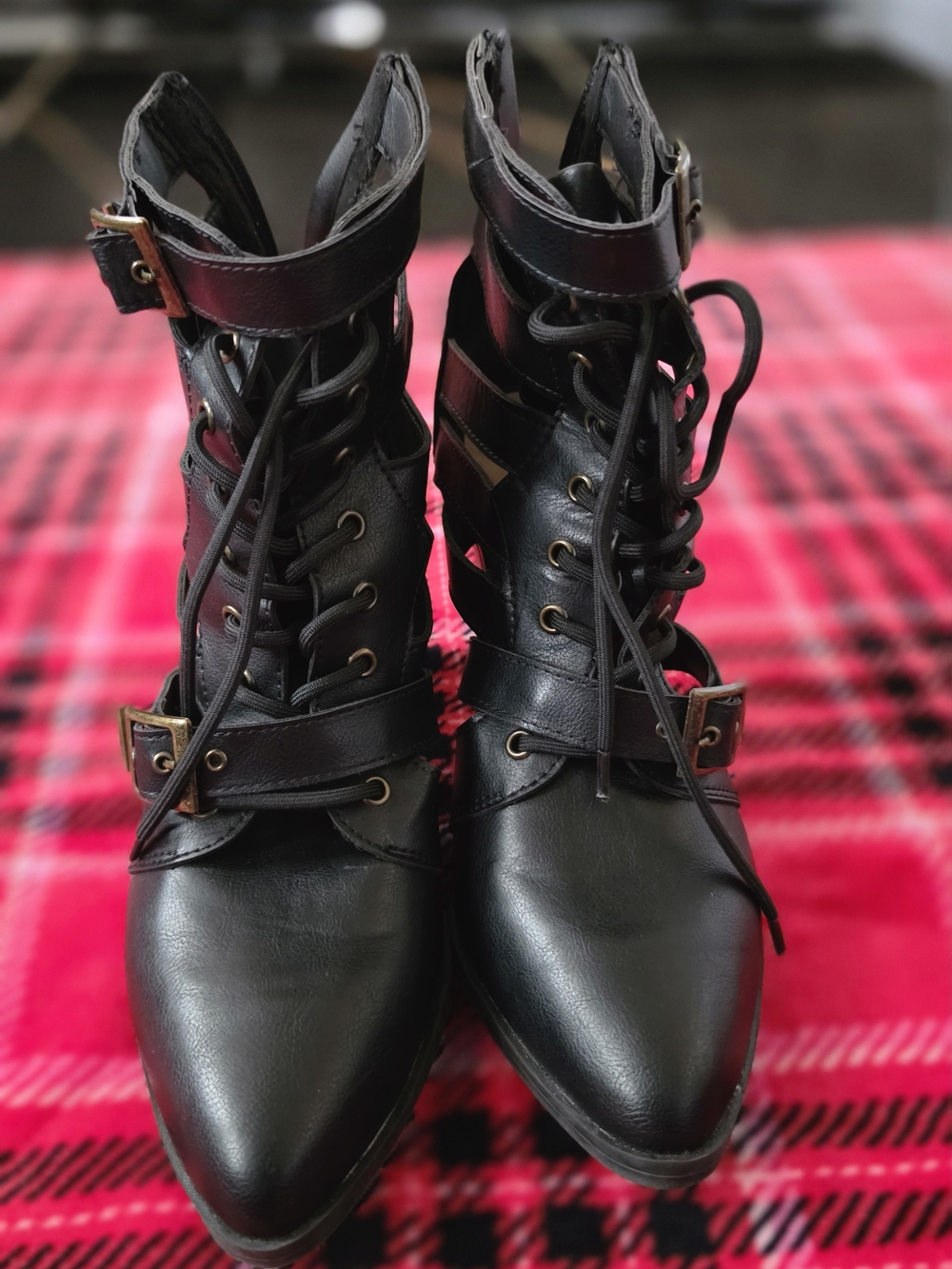 BAMBOO Black Lace-Up Cutout Ankle Boots